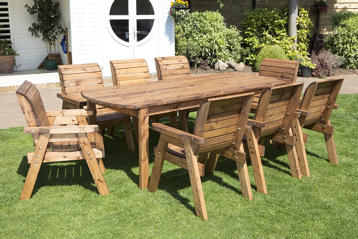 Eight Seater Solid Wood Rectangular Garden / Patio Table and Chairs Set 