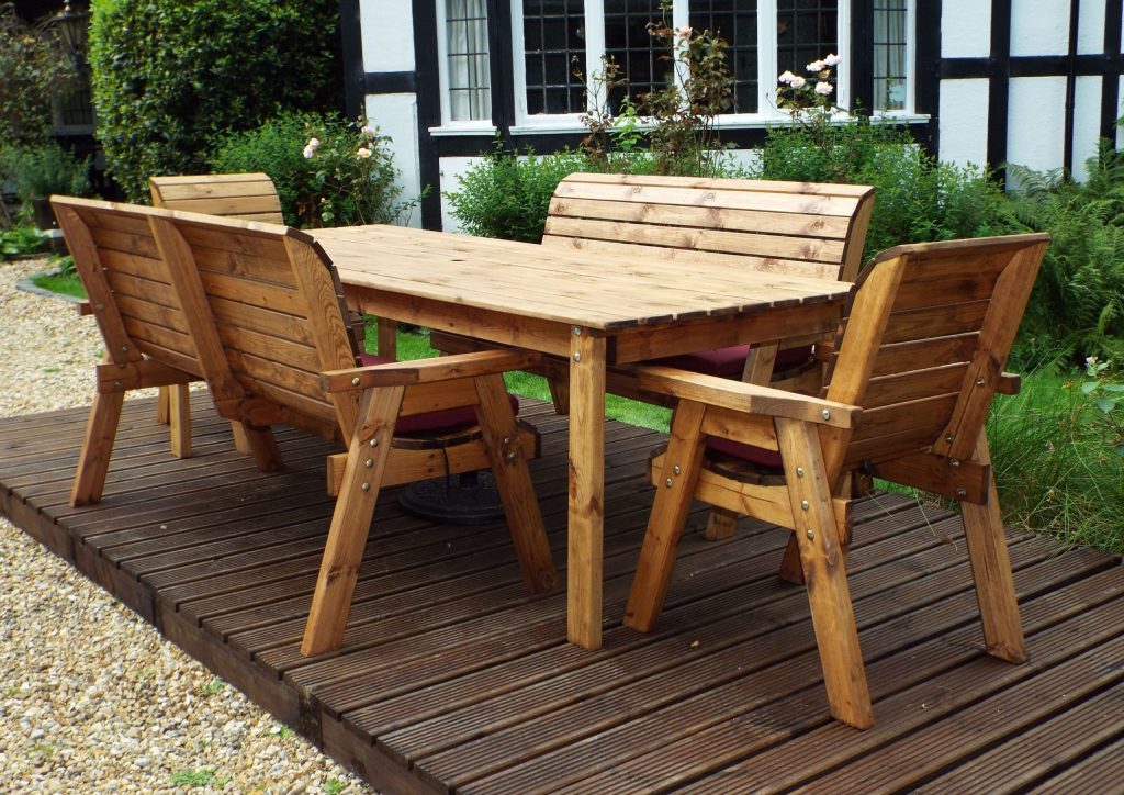 Eight Seater Solid Wood Rectangular Garden / Patio Table, 2 x Armchairs ...