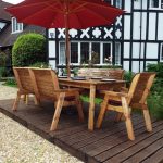 Eight Seater Solid Wood Rectangular Garden / Patio Table, 2 x Armchairs, 2 x Three Seater Benches