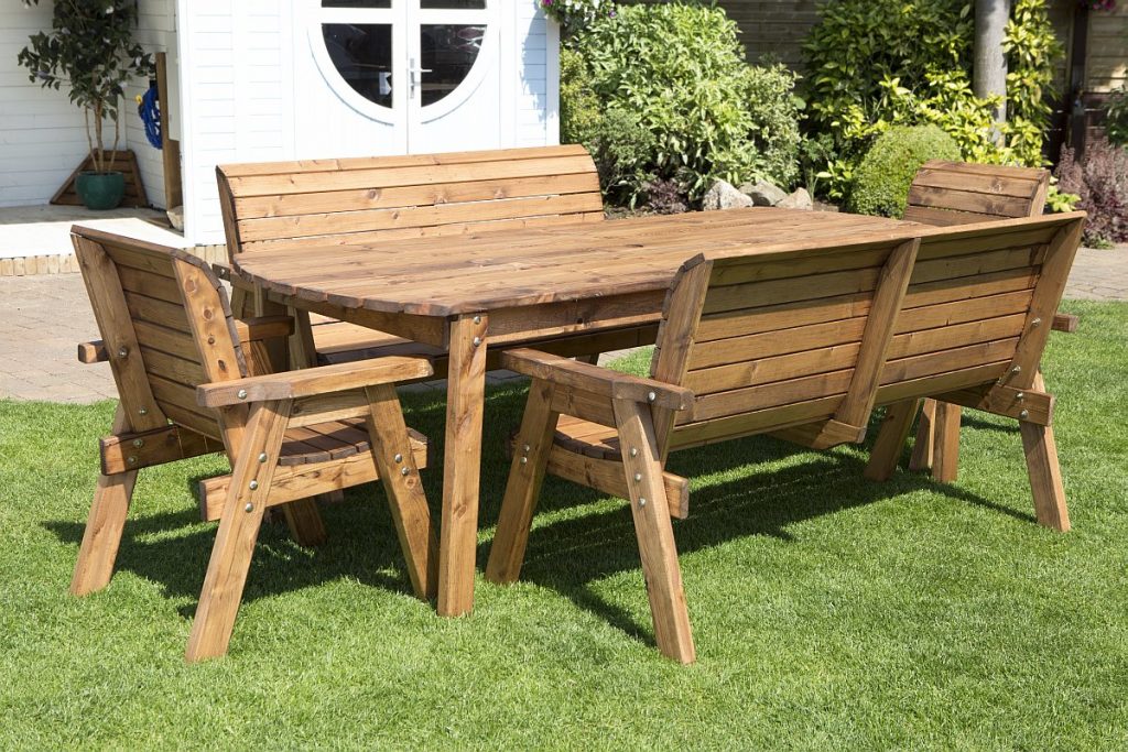 Eight Seater Solid Wood Rectangular Garden / Patio Table, 2 x Armchairs ...