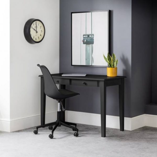 Carrington Black Desk & Erika Black Office Chair placed in a room