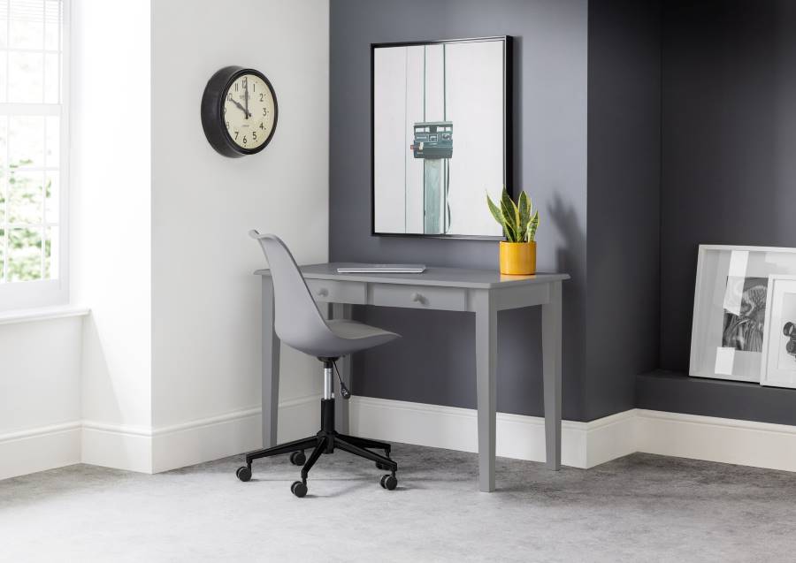 Carrington Grey Desk & Erika Grey Chair placed in a room