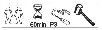 Information describing the time for assembly tools, needed and people needed, part of assembly instruction of flat packed furniture