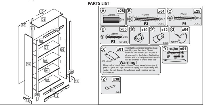 Part list of assembly instructions of flat packed furniture